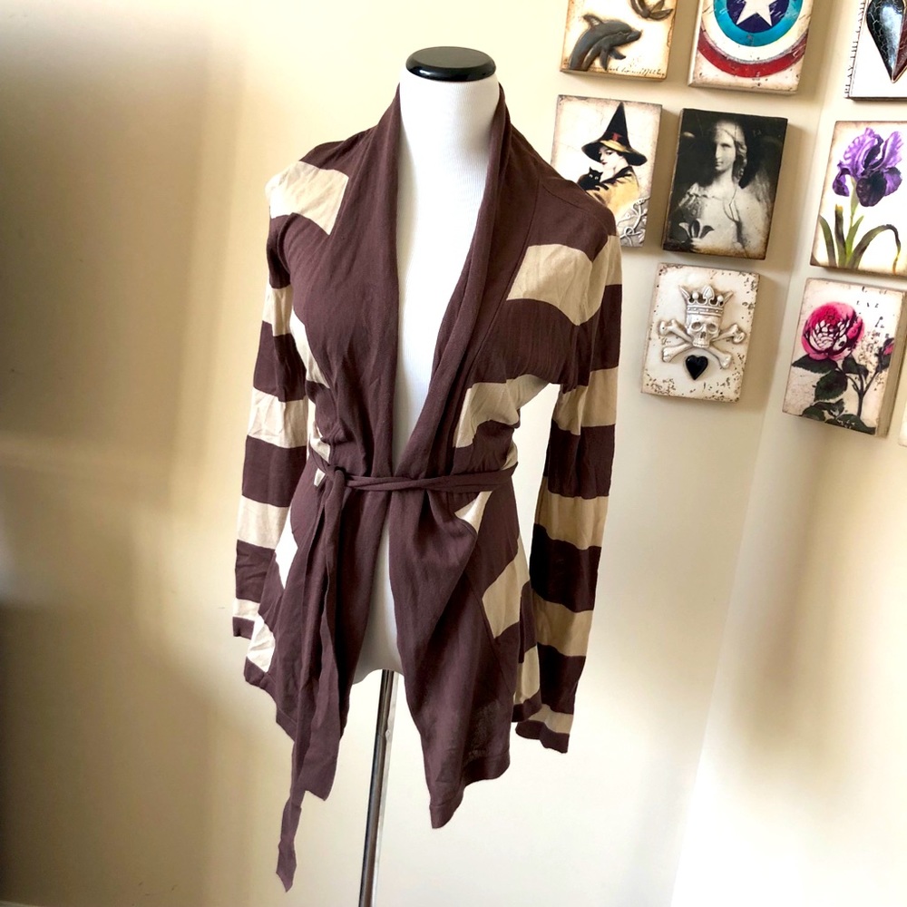 brown & beige belted striped cardigan size M